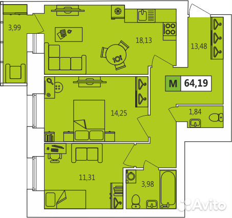 3-к квартира, 64 м², 2/14 эт.