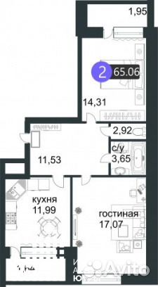 2-к квартира, 65.1 м², 4/9 эт.