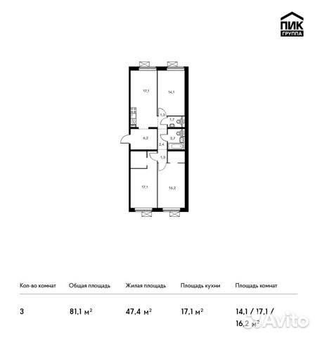 3-к квартира, 81.1 м², 13/16 эт. 3-к квартира, 81.1 м², 13/16 эт.