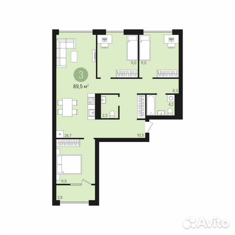 3-к квартира, 89.5 м², 4/8 эт. 3-к квартира, 89.5 м², 4/8 эт.