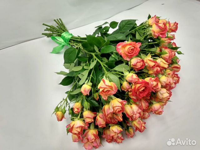 Букет из 21 красно-желтой кустовой розы, длина 50с