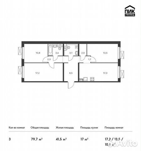 3-к квартира, 79.7 м², 7/17 эт.