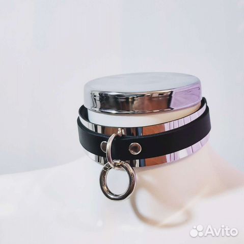 Чокер ошейник зеркальный с кольцом кожаный на вече
