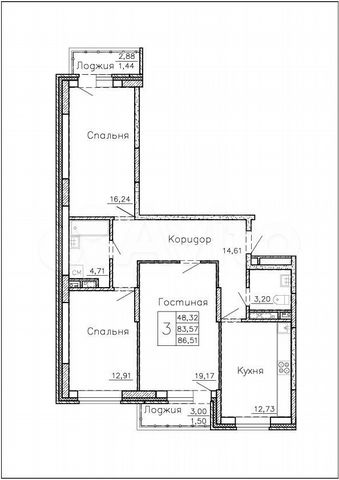 3-к. квартира, 86,5 м², 6/10 эт.