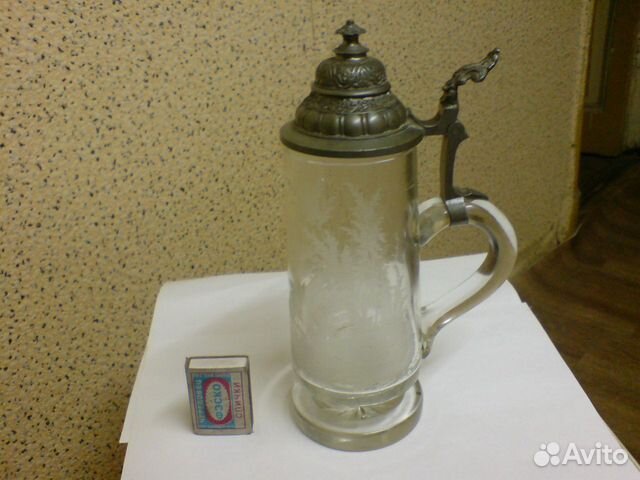 Кружка пивная, стекло, олово, старинная
