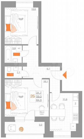 2-к. квартира, 64 м², 2/5 эт.