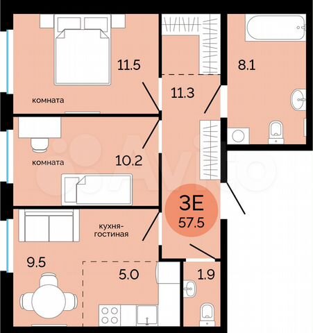 3-к. квартира, 57,5 м², 3/17 эт.