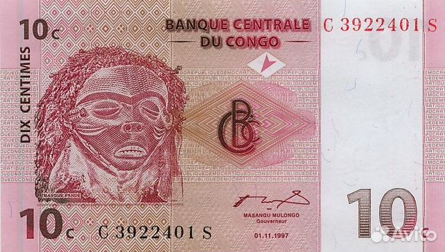 Конго Банкнота 10 сантим 1997 год UNC