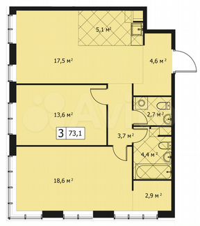 3-к квартира, 73 м², 7/14 эт.
