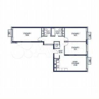 3-к квартира, 87.5 м², 21/22 эт.