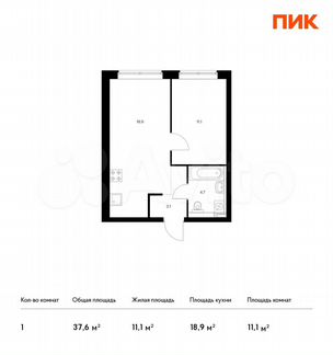 1-к квартира, 37.6 м², 16/21 эт.