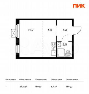 Квартира-студия, 25.2 м², 8/15 эт.