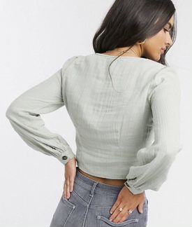 Зелёный льняной топ с объемными рукавами Vero Moda