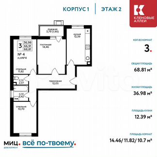 3-к квартира, 68.8 м², 2/17 эт.